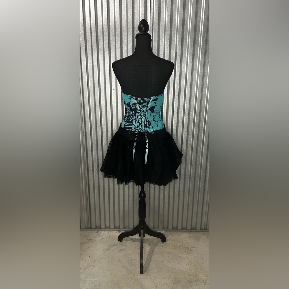 Women’s Flirt Maggie Sottero Blue Black Geometric Strapless Mini Dress Size 8 - Picture 2 of 6